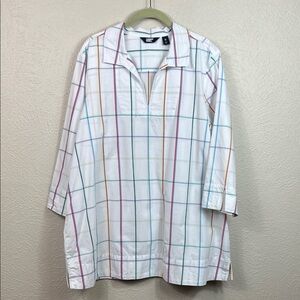 Lands’ End White Multicolor Windowpane Plaid 3/4 Sleeve V-Neck Tunic Top XL 18
